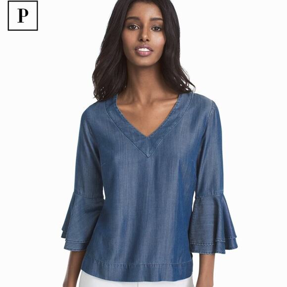 WHBM The Carmen Lyocel Denim Bell-Sleeve Blouse Size 6 Petite - Picture 1 of 11